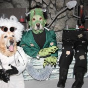 The completed costumes for Dr. Frankenstein and his monster.