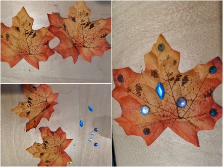 Thanksgiving "Gather" Leaf Frame - hot glue gems to faux fall leaves