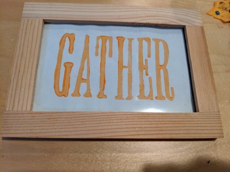 Thanksgiving "Gather" Leaf Frame - view of the framed paper with Gather stamped on it