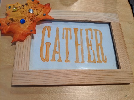 Thanksgiving "Gather" Leaf Frame - hot glue leaves in the corners of the frame