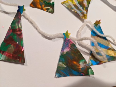 Christmas Tree Banner - paper trees glued to ribbon