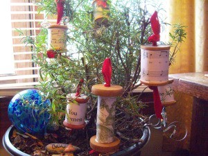 Vintage Looking Thread Spool Tree or Gift Ornaments - ornaments on display