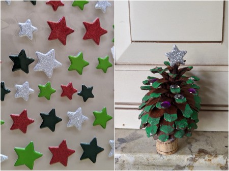 Christmas Tree Place Card Holders - add a stick-on star to the top of the pinecone tree