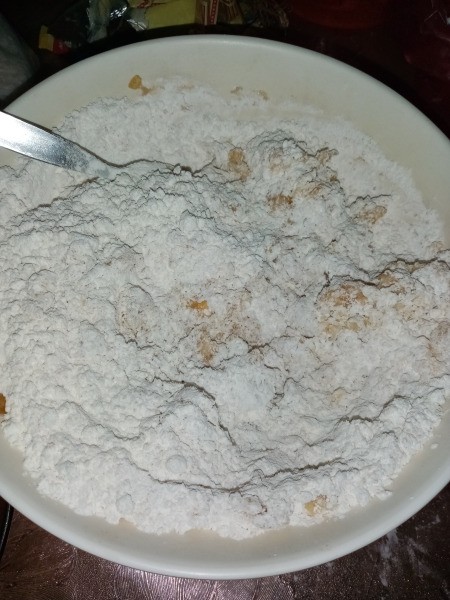 mixing bananas in dough