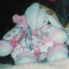 Identifying a Stuffed Bunny - white stuffed lop eared bunny wearing a dark pink floral outfit