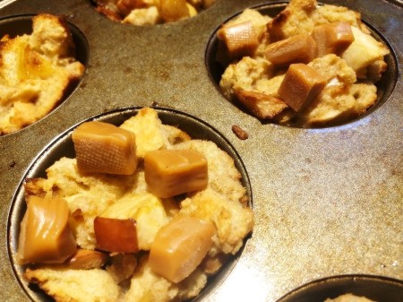 adding Caramels to top of bread & apples