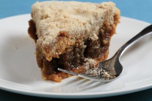 A piece of shoo fly pie on a plate.