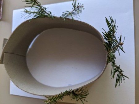 Christmas Tree Hat - greenery glued to hat band, as seen from top