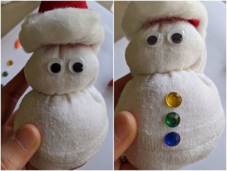 No-Sew Christmas Sock Snowman - glue on eyes and buttons