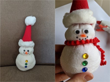 No-Sew Christmas Sock Snowman - add a ribbon scarf