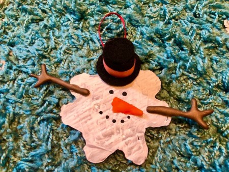 Melted Snowman Ornament - finished ornament with ribbon hanger added