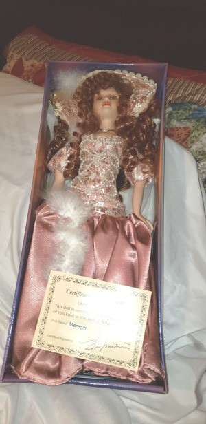 Value of Ashley Belle Dolls - doll wearing a dark pink satin dress in the box