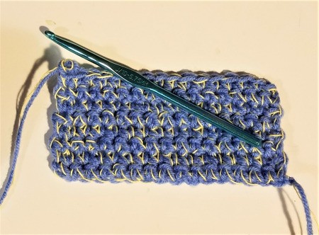 Crocheted Pouch with Lanyard for  Crafting Supplies - working back in blue and yellow