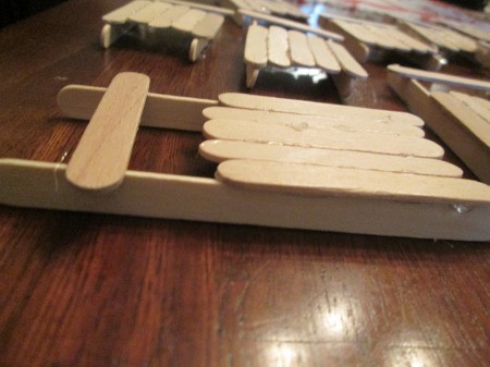 Popsicle Stick Sled - top view of platform glued in place