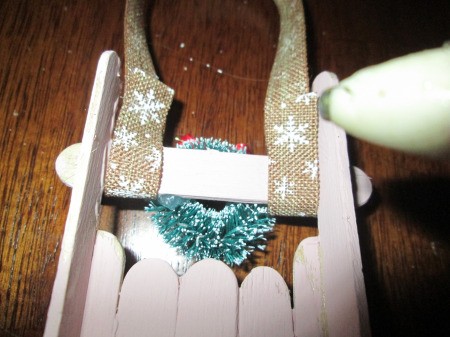 Popsicle Stick Sled - glueing on ribbon hanger