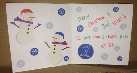 Button Christmas Cards - inside of the card with message and stickers