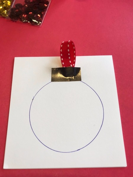 Ornament Holiday Card - glue ribbon and rectangle of paper onto the card