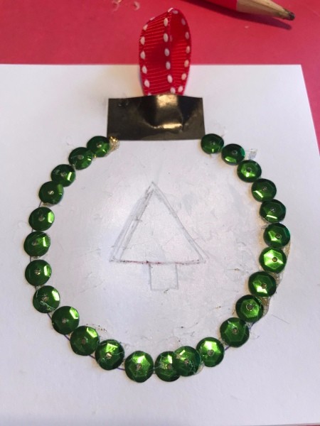 Ornament Holiday Card - tree shape  sketched in the center of the circle