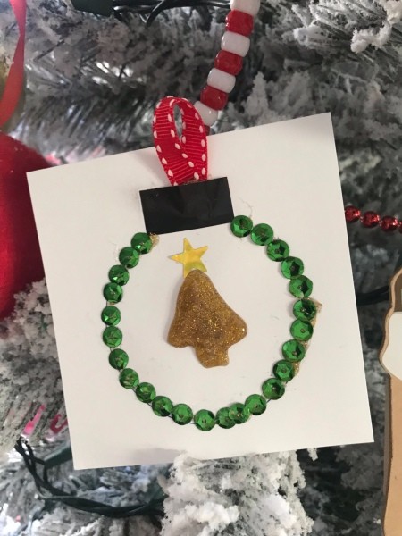 Ornament Holiday Card - finished card with glitter glue tree and star sticker