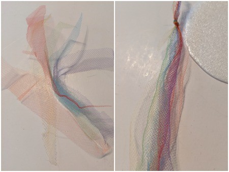Rainbow Unicorn Ornament - cut strips of tulle or yarn and knot together