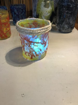 Faux Wax Drip Jar Candle Holders - finished jar with candle inside and jute around the top