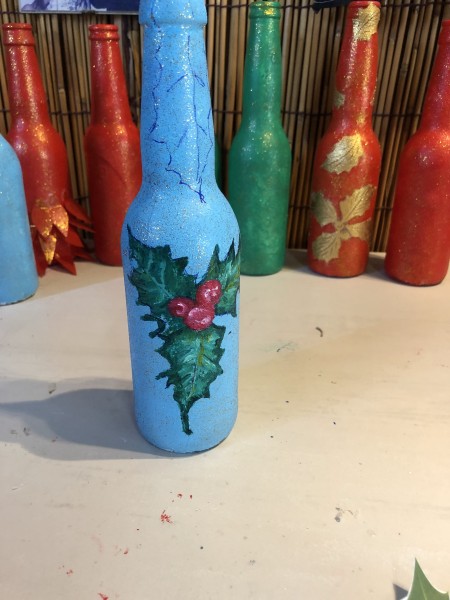 Recycled Bottle Holly Leaf Candlestick Holder - painted holly sprig, drying