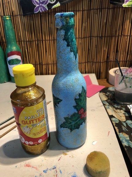 Recycled Bottle Holly Leaf Candlestick Holder - add a coat of gel glitter and allow to dry