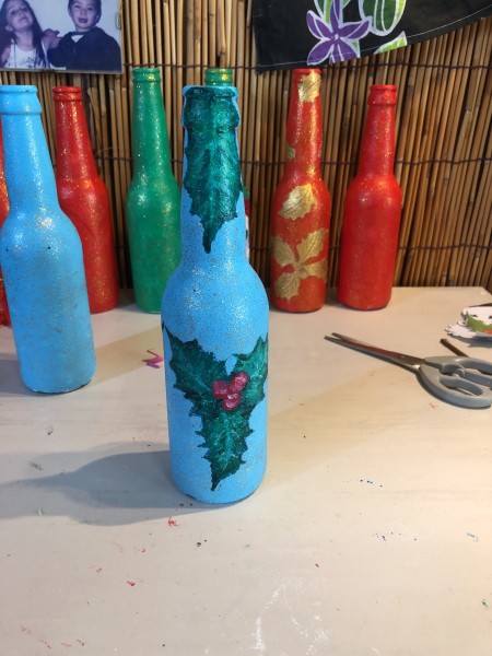 Recycled Bottle Holly Leaf Candlestick Holder - varnished bottle
