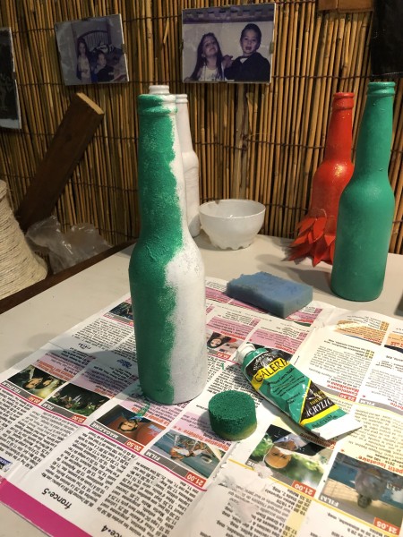Recycled Bottle Gold Leaf Candlestick Holders - painting a primed bottle green
