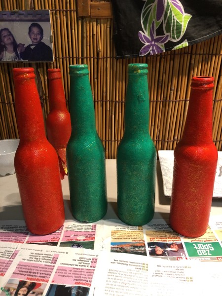 Recycled Bottle Gold Leaf Candlestick Holders  - red and green painted bottles