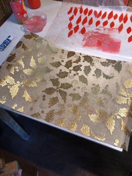 Recycled Bottle Gold Leaf Candlestick Holders - burlap table runner with gold leaf pattern