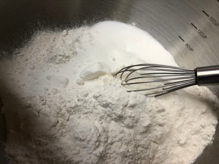 mixing cake mix, flour & sugar