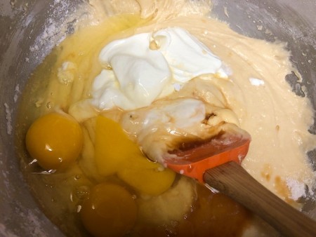 adding sour cream, eggs & vanilla to batter