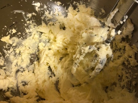 mixing butter & cream cheese for frosting
