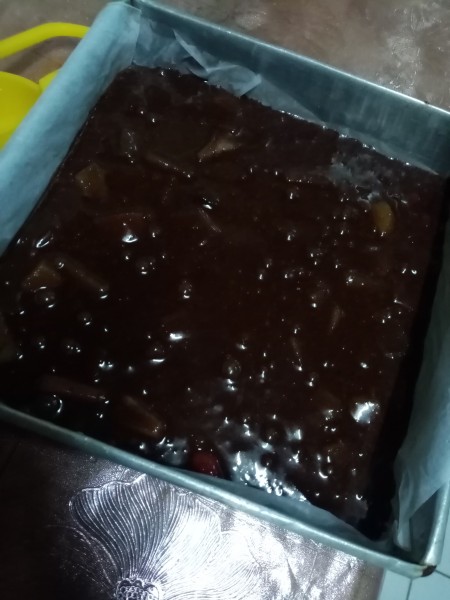 Brownie batter in pan