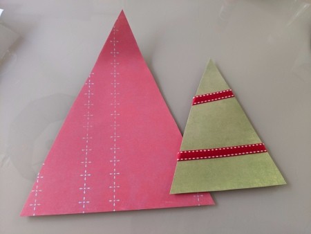 Minimal Cardboard Christmas Tree Decoration  - pink tree and green one with two pieces of red ribbon as decoration