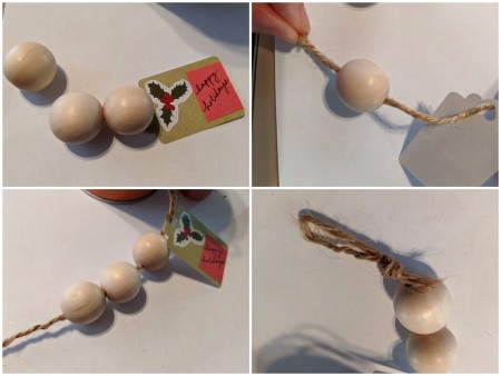 Wooden Ball Gift Tag Decoration Ornament - stringing the wooden balls and tying a knot with loop at the top