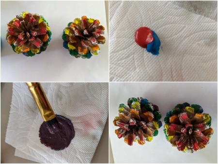 Rainbow Pinecone Ornaments - painting the cones