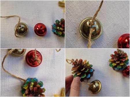 Rainbow Pinecone Ornaments - pushing a piece of twine through the loop on the bell and attaching to the bottom of the pinecone