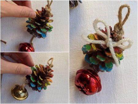 Rainbow Pinecone Ornaments  - bell added and yarn bow tied on one of the pine cones