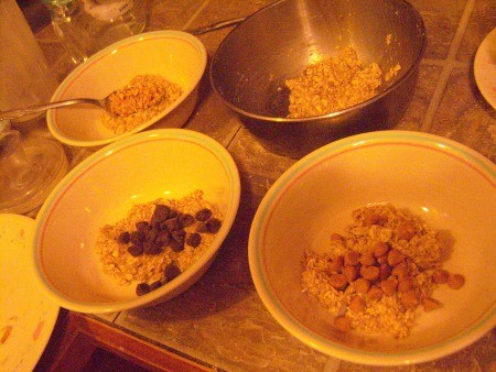 bowls mixing chips & nuts with batter