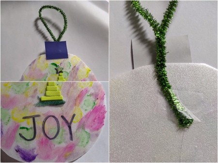 Paper Plate Ornament - tape the pipe cleaner to the back and JOY written on the front