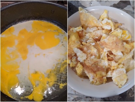cooking egg in skillet & cooked egg in bowl