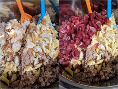 adding wgg & sausage to ground meat & peas