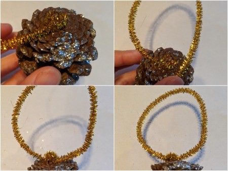 Oversized Bow Pinecone Ornament for Door - gold pipe cleaner wrapped around the stem of a pine cone
