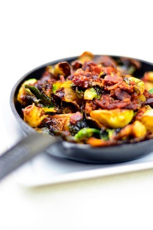 A pan of caramelized Brussels sprouts.