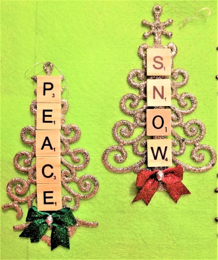 Scrabble Tile and Dollar Tree Ornaments - trees reading Peace and Snow