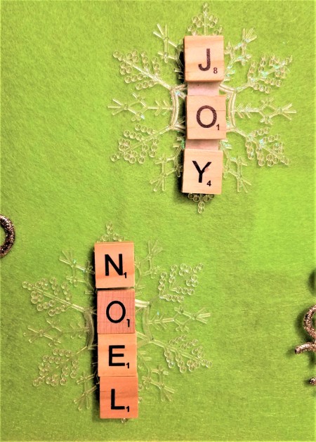 Scrabble Tile and Dollar Tree Ornaments - snowflake shaped ornaments with Joy and Noel