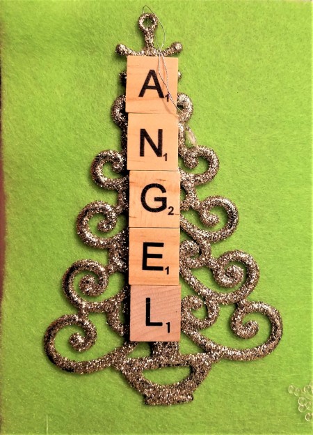 Scrabble Tile and Dollar Tree Ornaments - tree shaped ornament with Angel spelled out