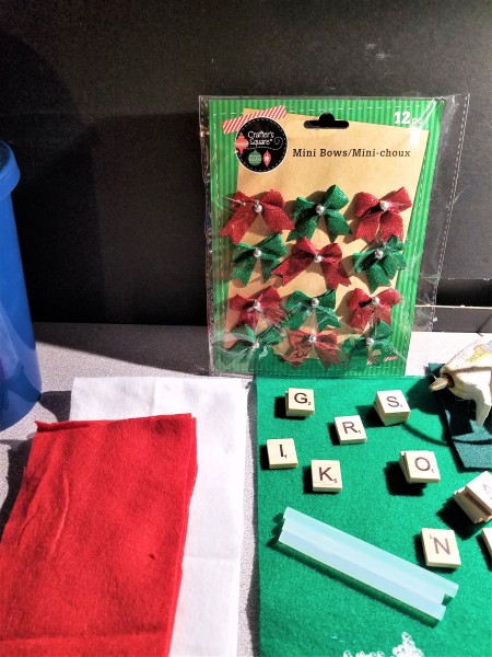 Scrabble Tile and Dollar Tree Ornaments - photo with most of the supplies